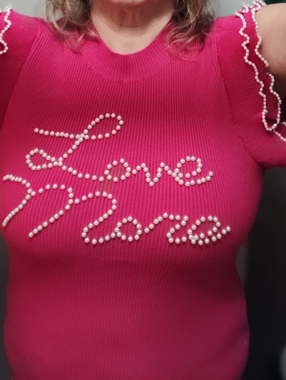 Hot Pink Pearl Embellished Knit Top XL - VERY COMFY- NON ITCHY